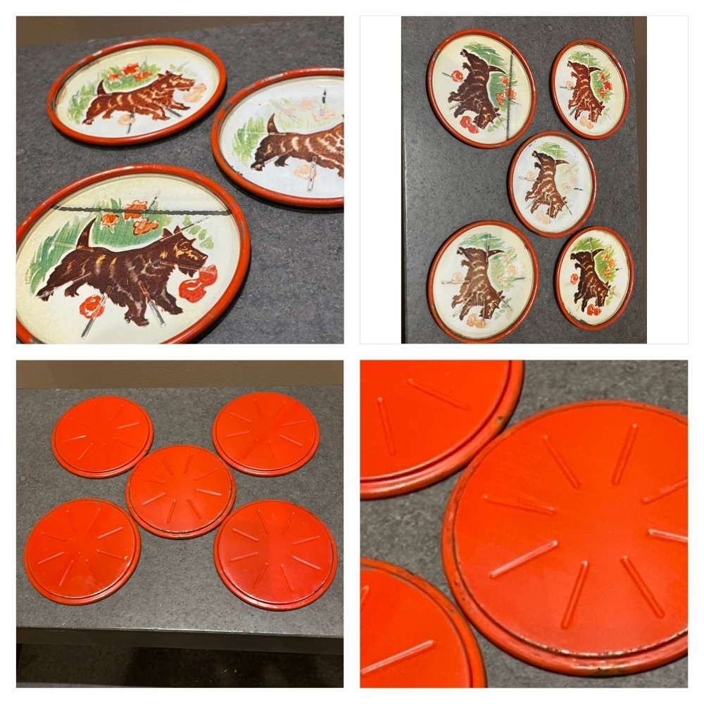 Vintage Set of 5 Aluminum Scottie dog coasters